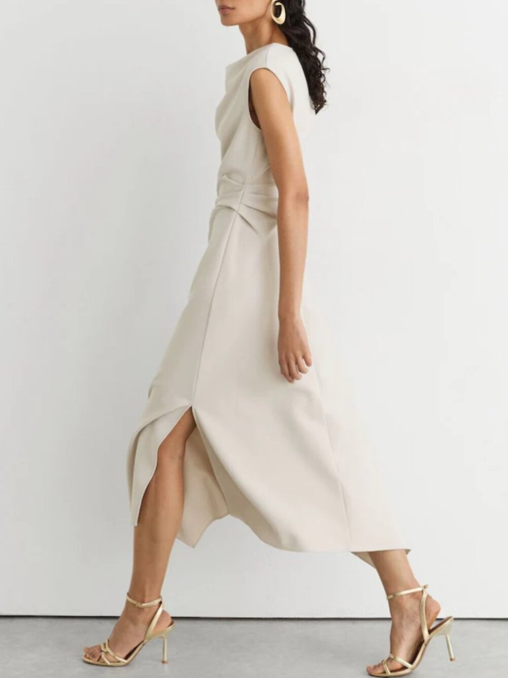 REISS Camilla Midi Dress Stone Neutral Gathered-Detail Draped - Picture 3 of 6